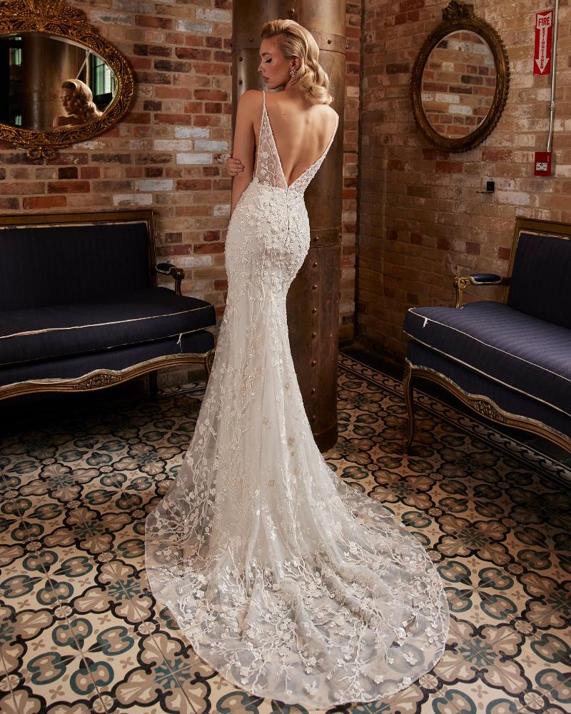 La22238 sparkly backless wedding dress with fitted sheath silhouette and spaghetti straps2